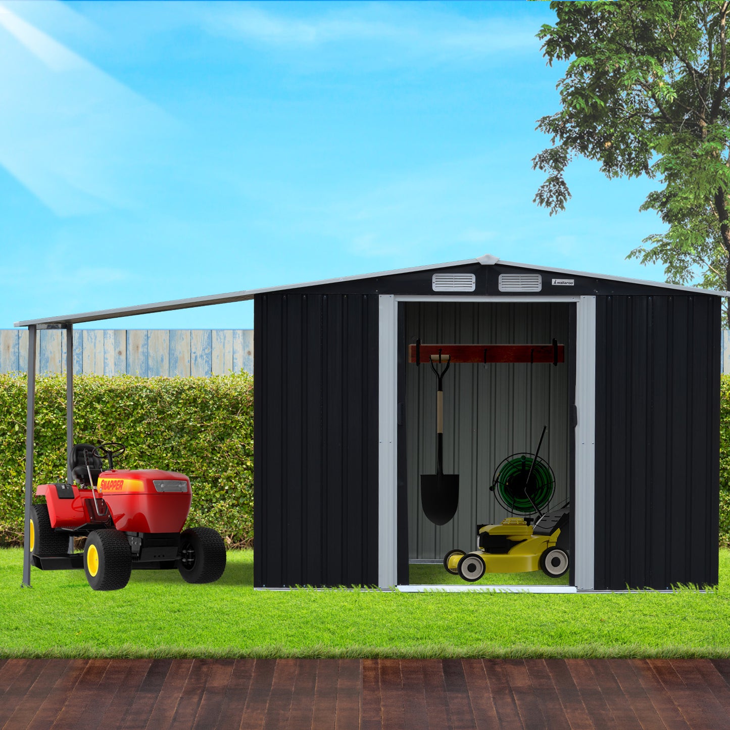 Garden Shed with Open Storage 6x8ft Zinc Steel - Black