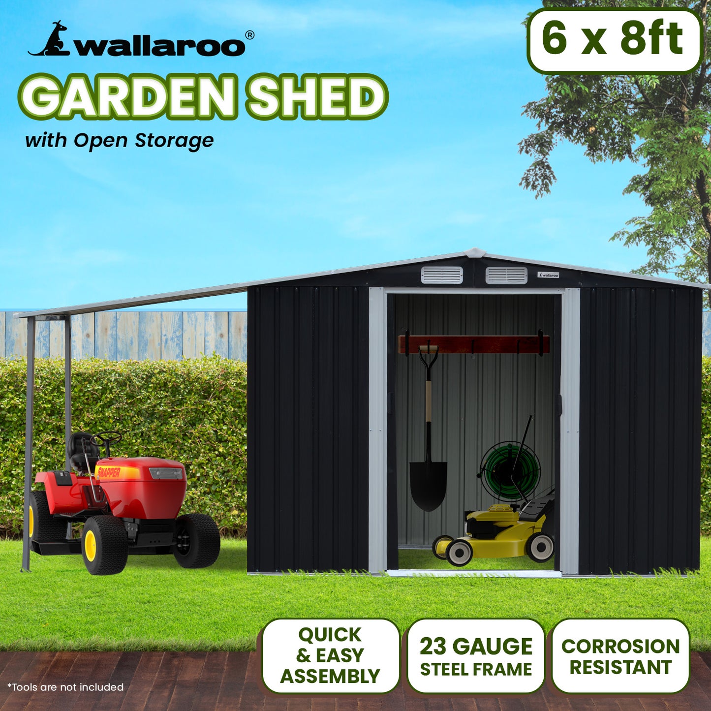 Garden Shed with Open Storage 6x8ft Zinc Steel - Black