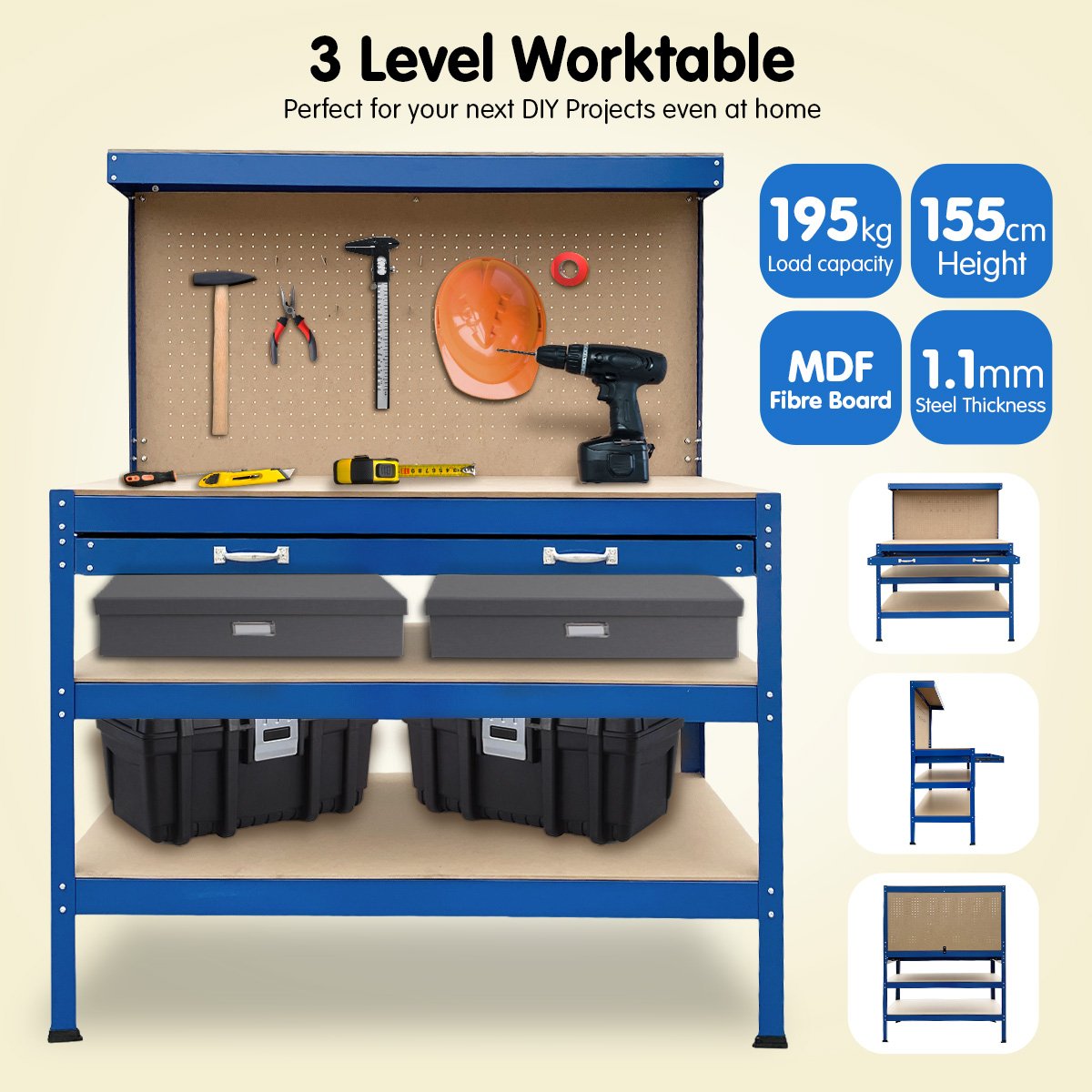 Work Bench Garage Storage Table 3-layered Tool Shop Shelf