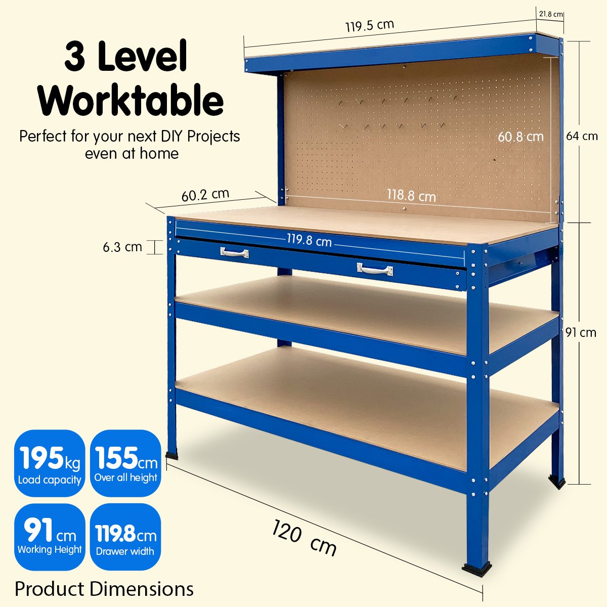 Work Bench Garage Storage Table 3-layered Tool Shop Shelf