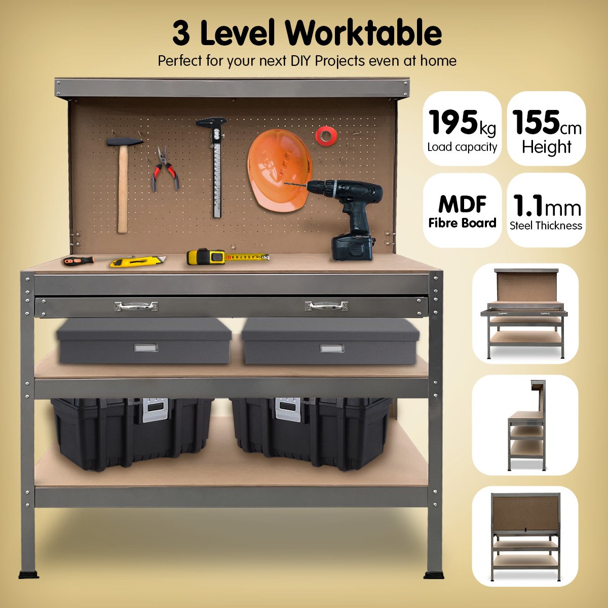 3-layered Work Bench Garage Storage Table 3-layered Tool Shop Shelf Silver