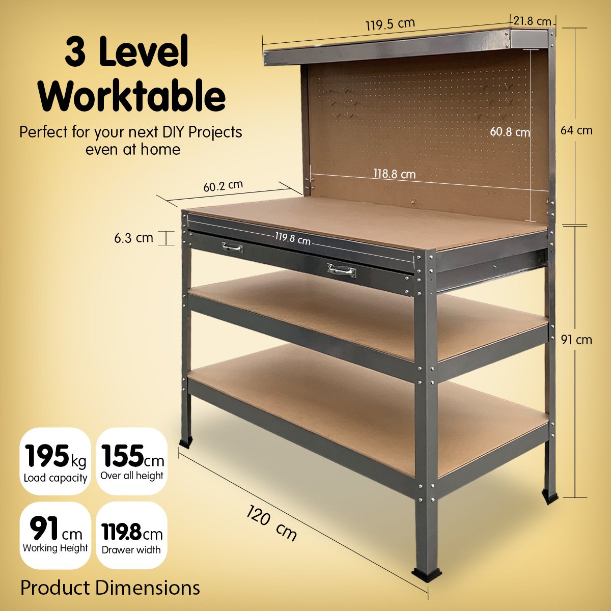 3-layered Work Bench Garage Storage Table 3-layered Tool Shop Shelf Silver