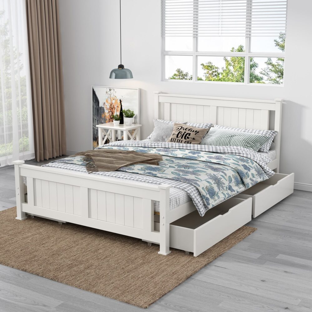 Wooden Bed Frame Storage Trundle 2 x Drawers-White