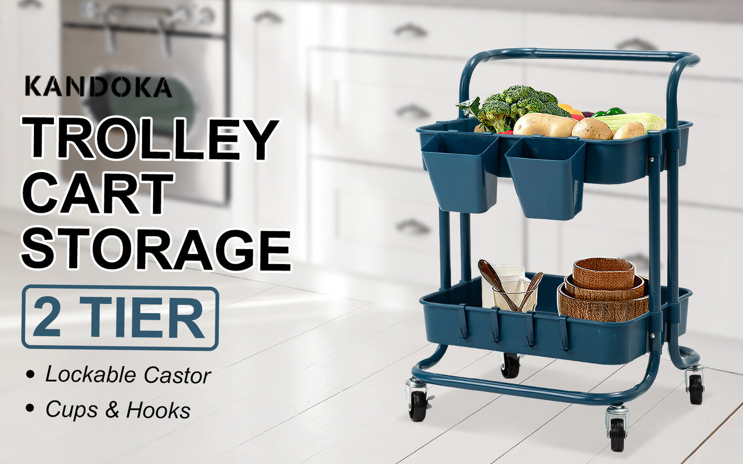 Trolley Cart Storage Utility Rack Organiser Swivel Kitchen 2 Tier Blue