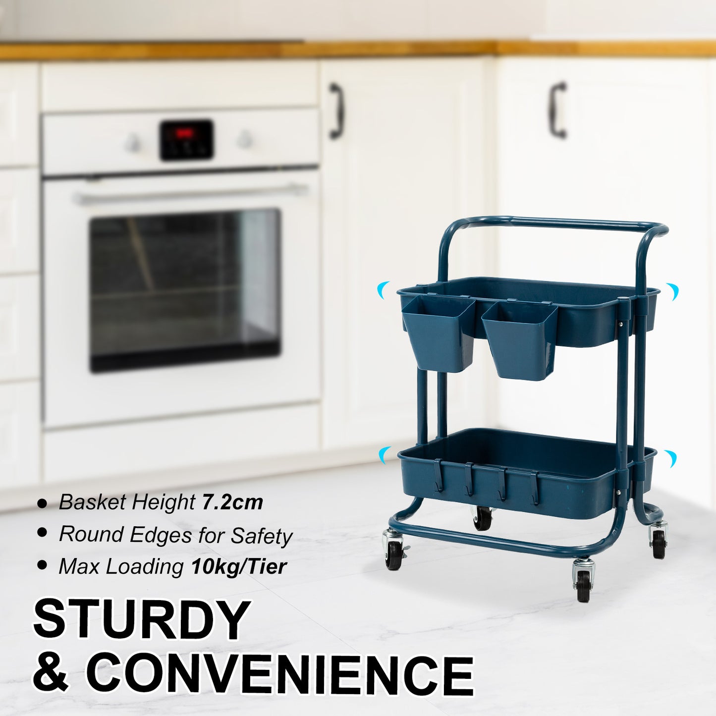 Trolley Cart Storage Utility Rack Organiser Swivel Kitchen 2 Tier Blue