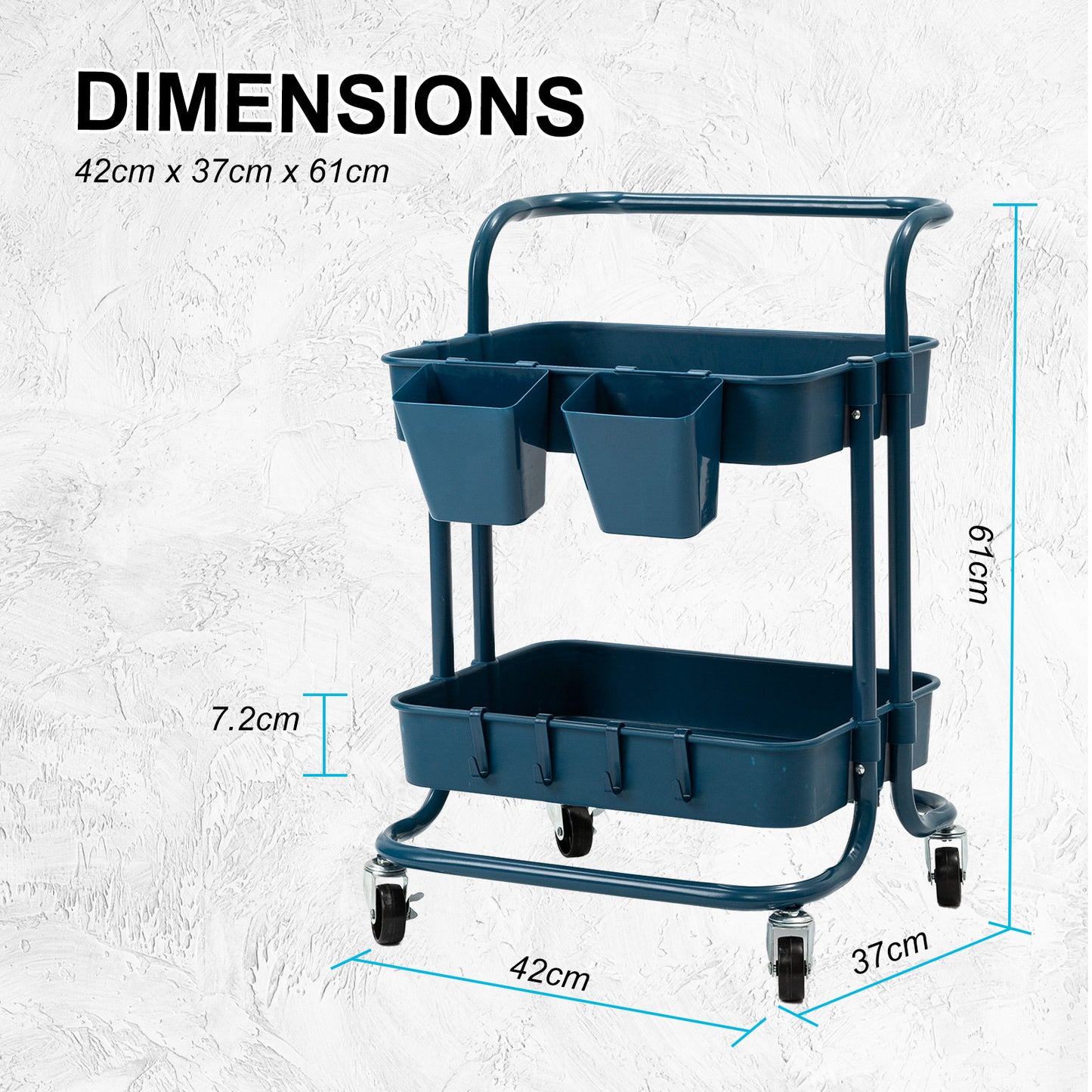 Trolley Cart Storage Utility Rack Organiser Swivel Kitchen 2 Tier Blue