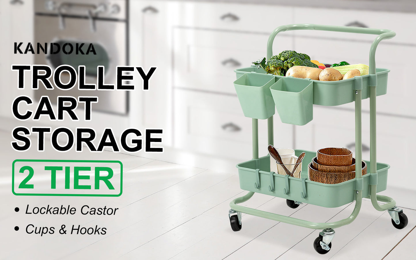 Trolley Cart Storage 2 Tier Green Utility Rack Organiser Swivel Kitchen