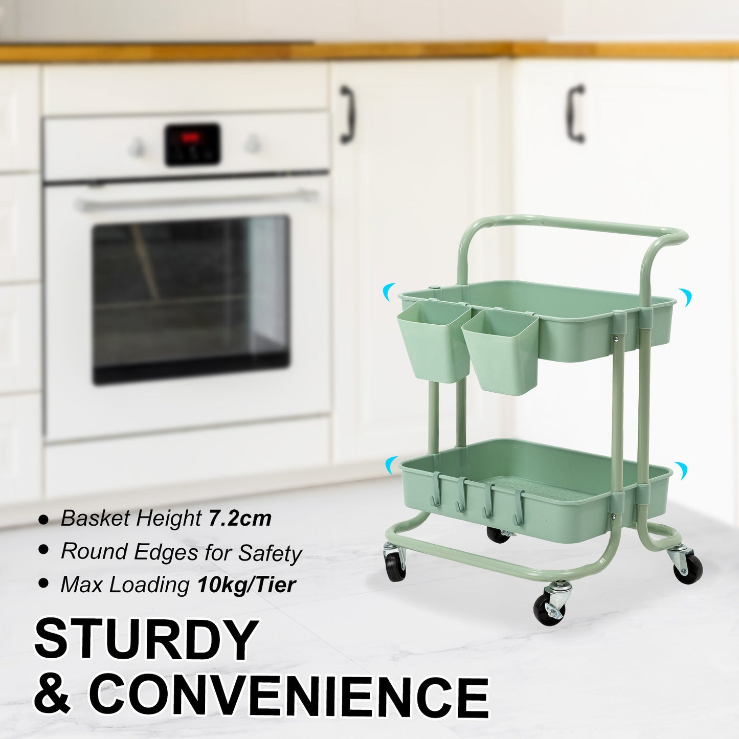 Trolley Cart Storage 2 Tier Green Utility Rack Organiser Swivel Kitchen