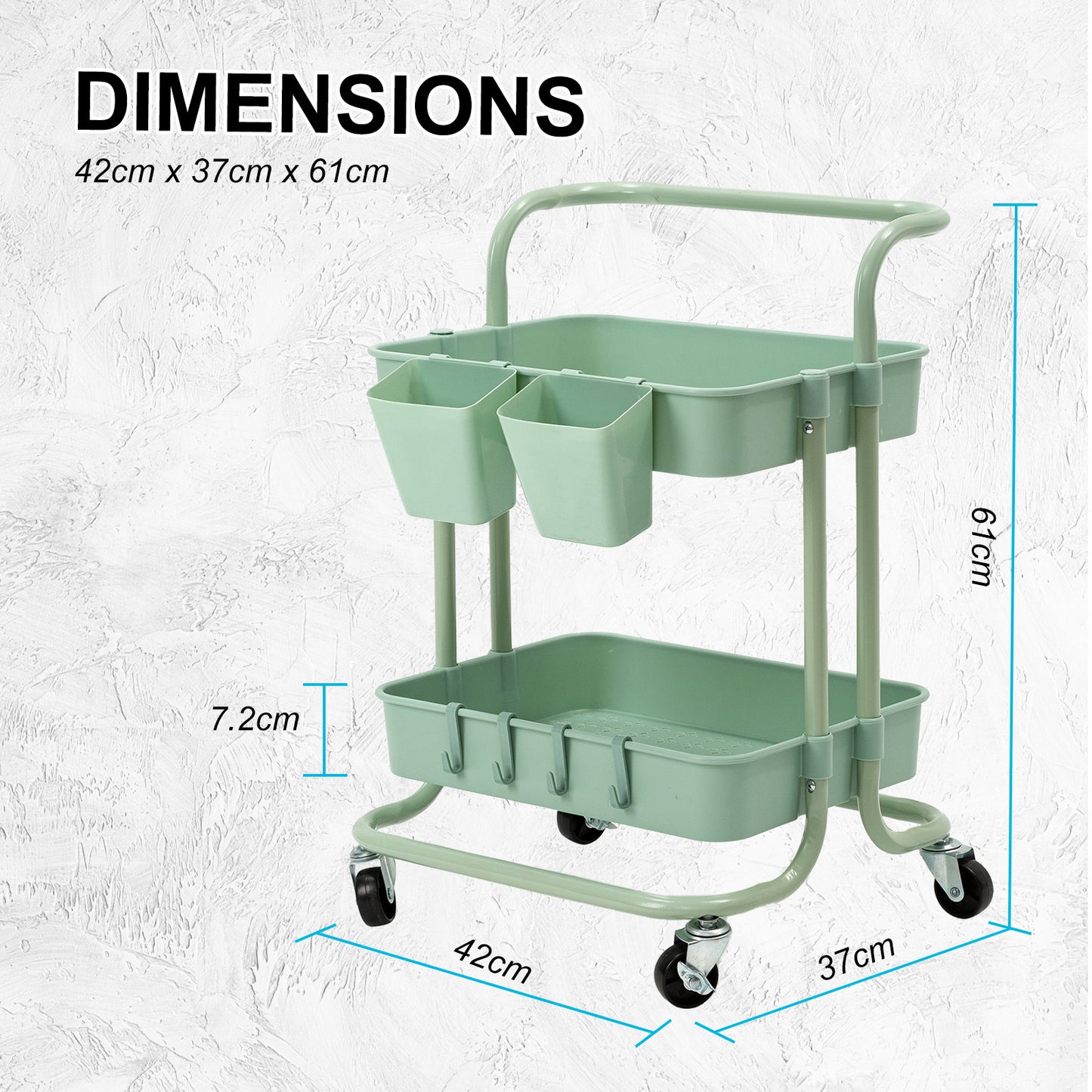 Trolley Cart Storage 2 Tier Green Utility Rack Organiser Swivel Kitchen