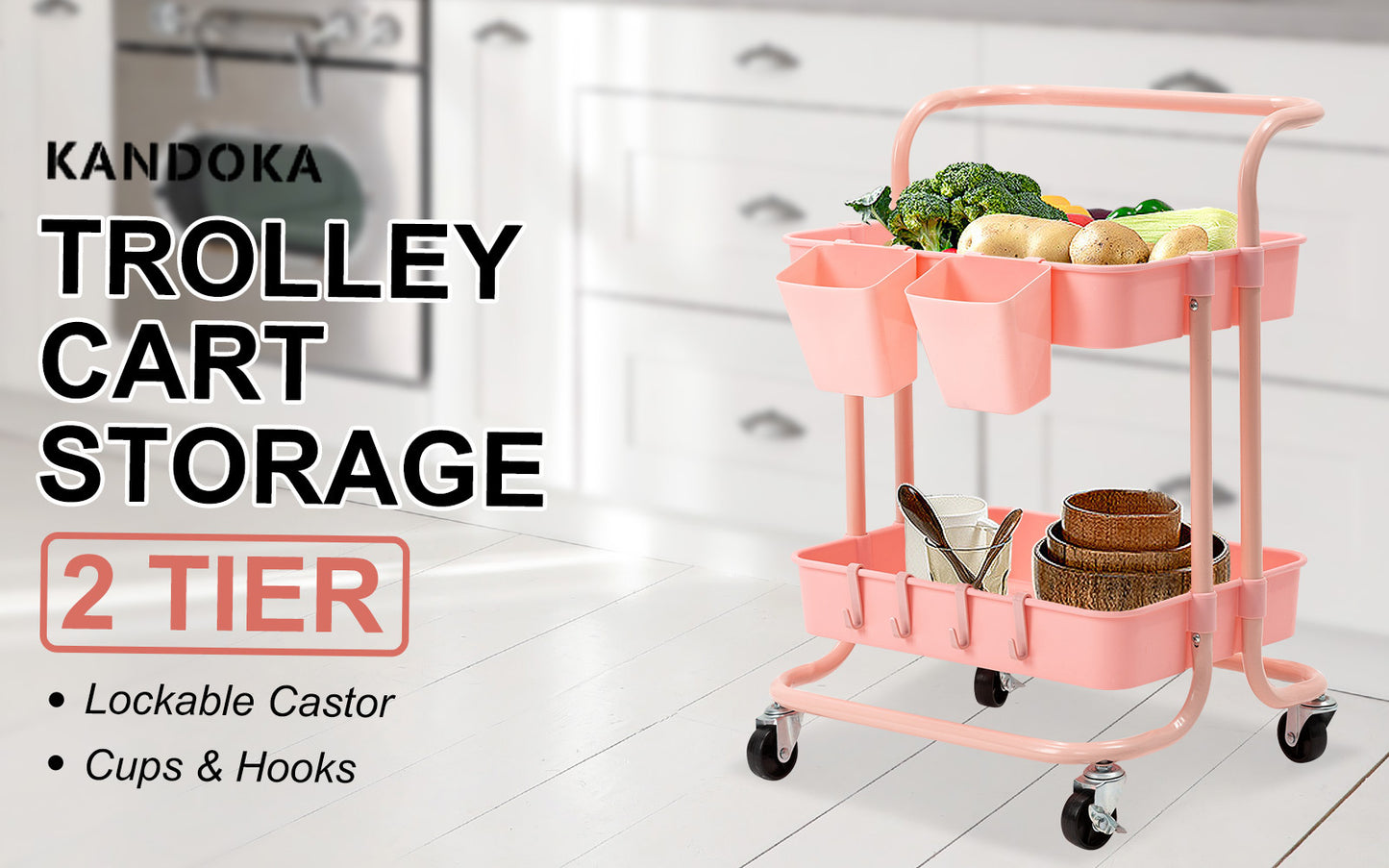 Trolley Cart Storage Utility Rack Organiser Swivel Kitchen 2 Tier Pink