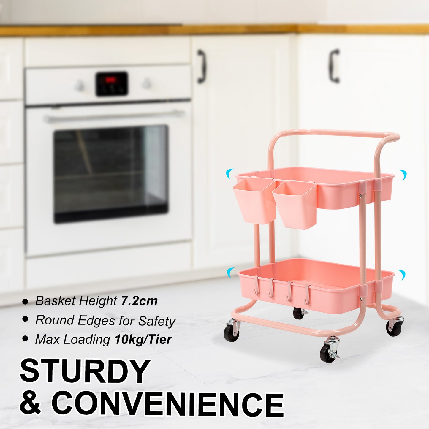 Trolley Cart Storage Utility Rack Organiser Swivel Kitchen 2 Tier Pink