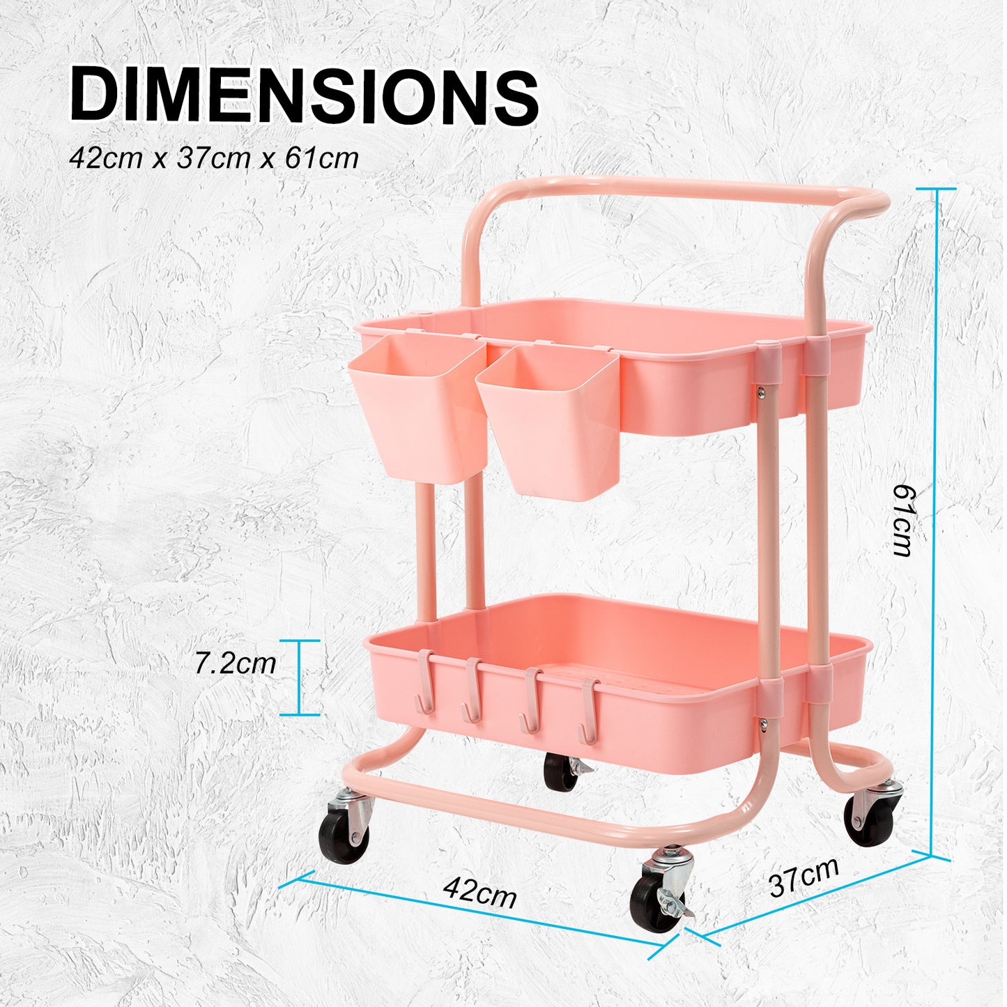 Trolley Cart Storage Utility Rack Organiser Swivel Kitchen 2 Tier Pink