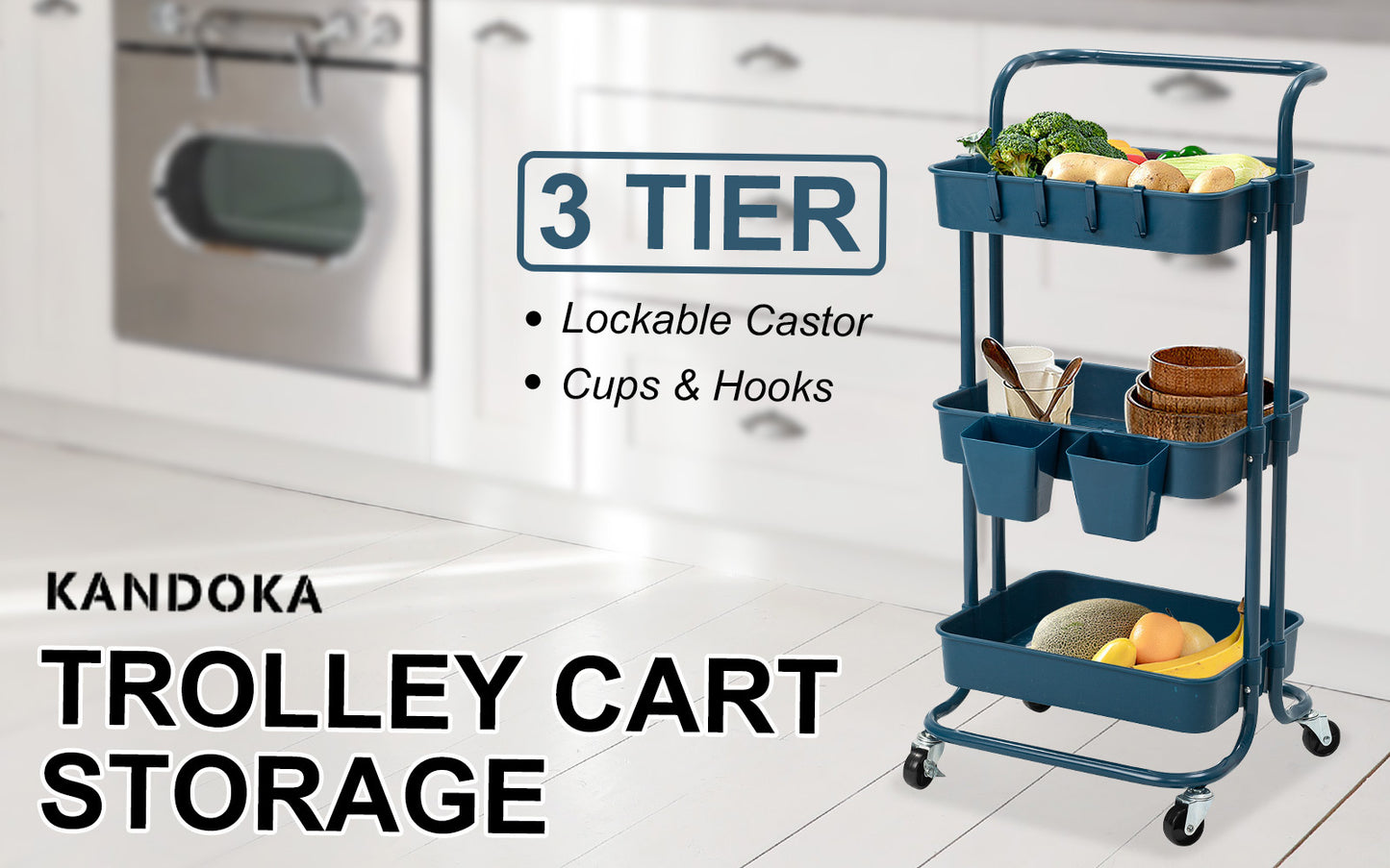 Trolley Cart Storage Utility Rack Organiser 3 Tier Blue