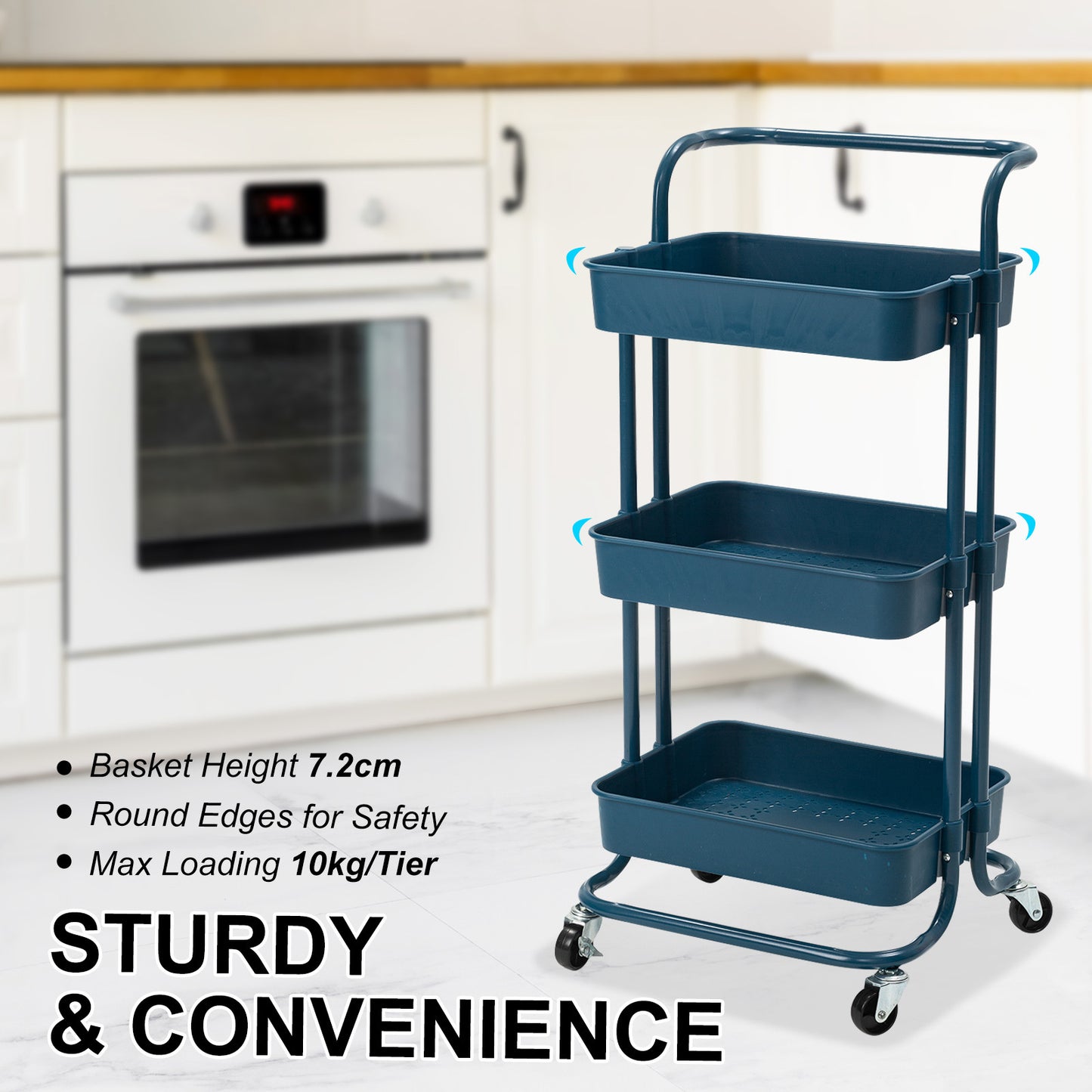 Trolley Cart Storage Utility Rack Organiser 3 Tier Blue