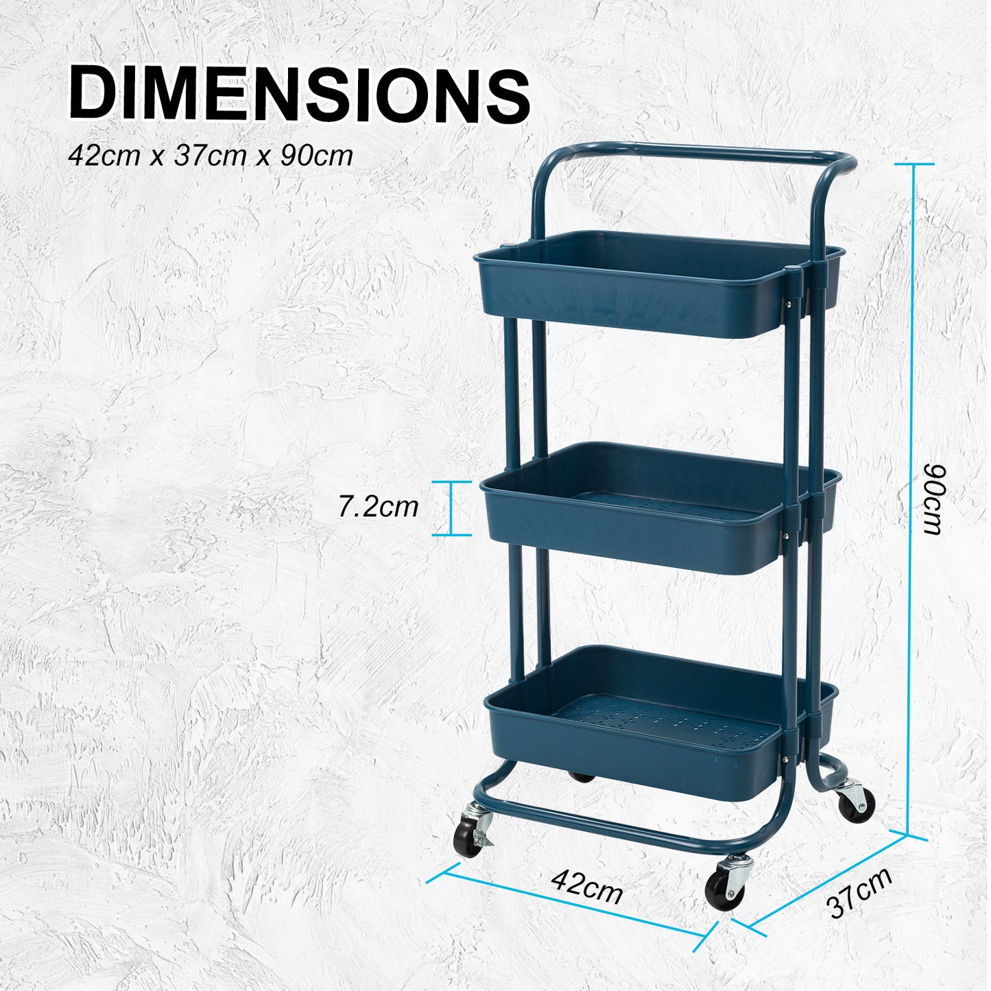 Trolley Cart Storage Utility Rack Organiser 3 Tier Blue