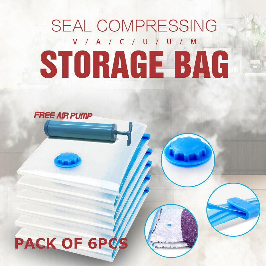 Vacuum Storage Bags 6 Pcs Set Space Saver Seal Compressing Various Size with Air Pump