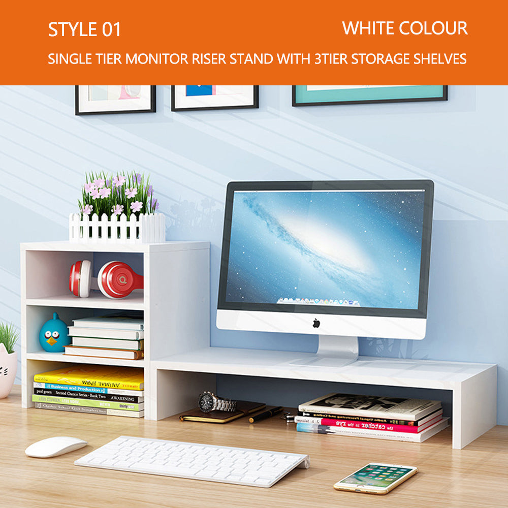 Wooden Desk Monitor Riser Stand With 3Tier Storage Shelves (White Wood(Style 01))