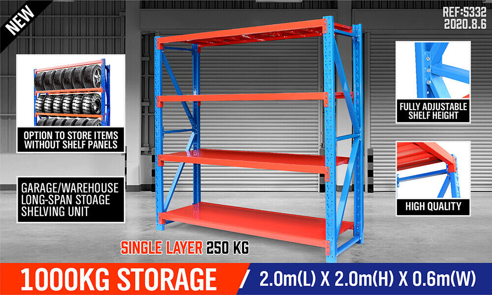 Steel Racks Shelves 2mx2m Garage Storage Warehouse Tyre Shelving 1000 Capacity