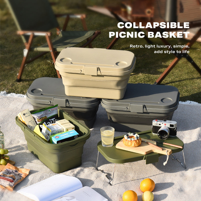 Folding Picnic Basket 2IN1 Portable Outdoor Basket With Lid