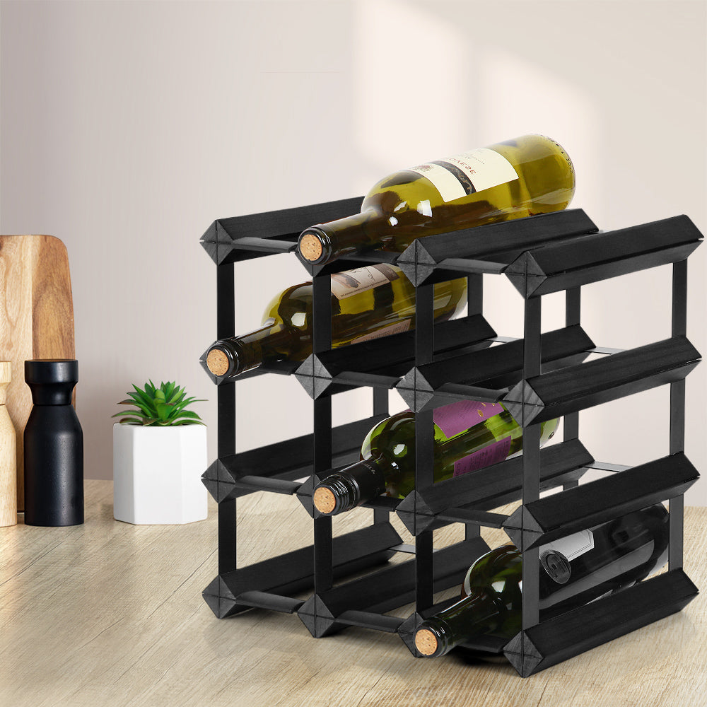 Wine Rack Timber 12 Bottle Wine Storage - Black